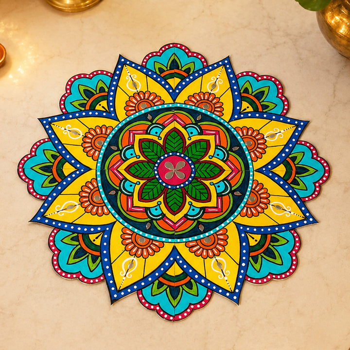 4 Pc | Hand-Painted Blue & Yellow Split Kolam Mdf Rangoli For Festive Decor