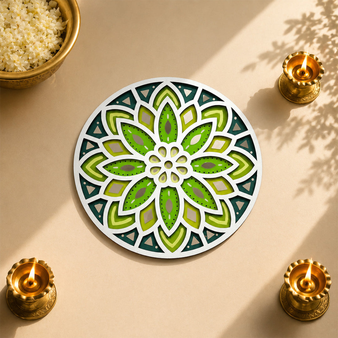 Hand-Painted Floral Lippan Art Mdf Rangoli For Festive Decor