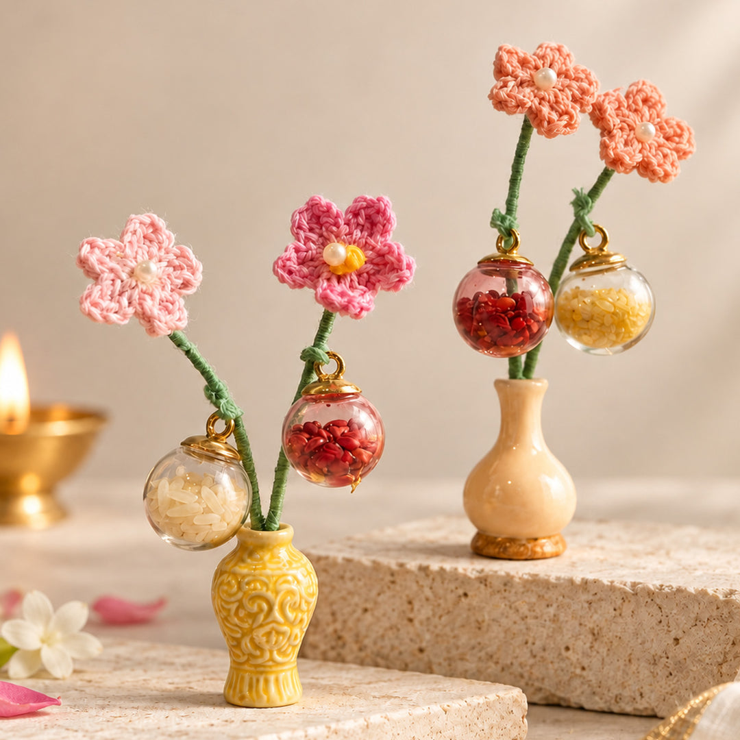 Flower Vase Assorted Thread Roli Chawal Haldi Kumkum Holder For Puja And Festive Gifting