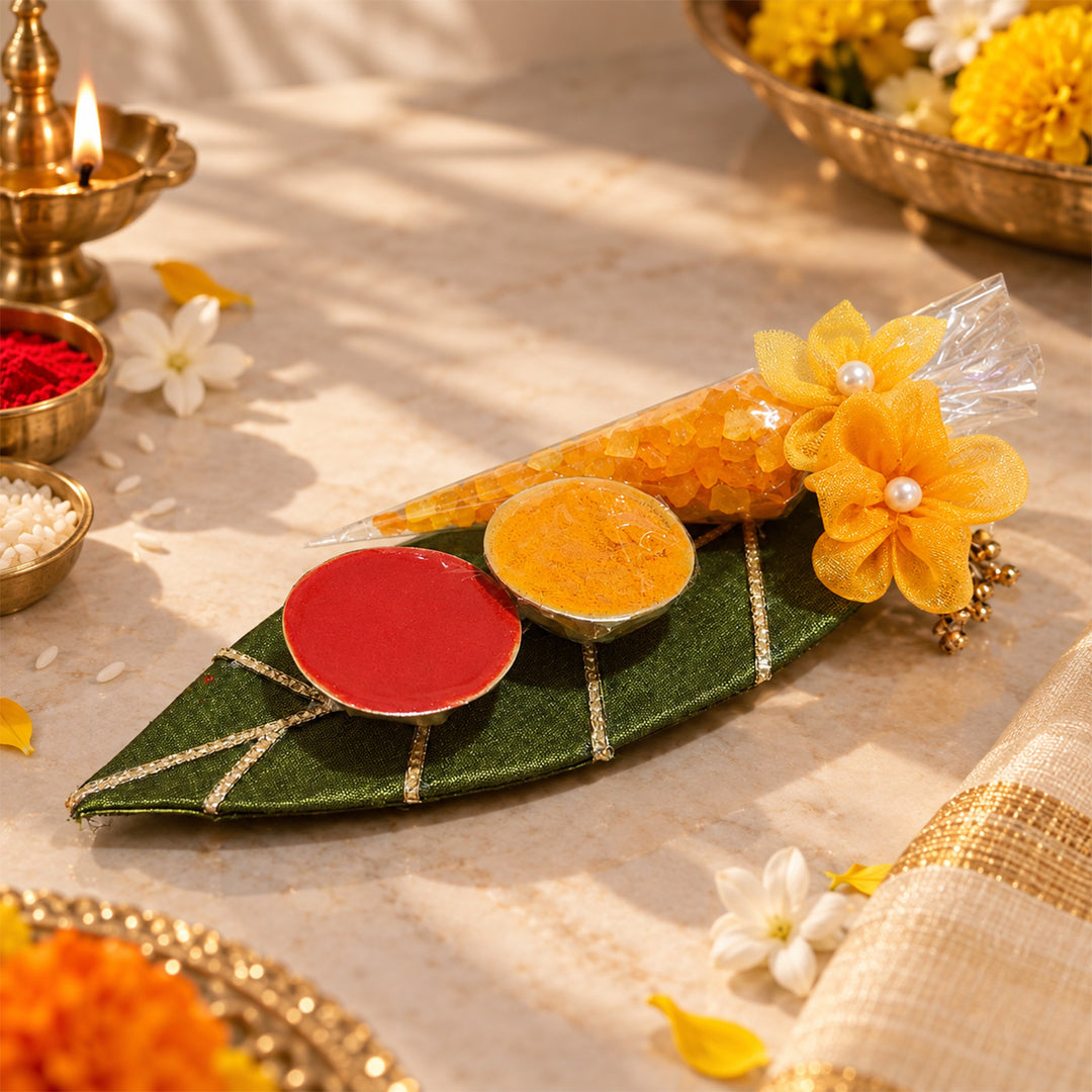 Ashok Patti Fabric Haldi Kumkum Holder With Mishri Platter For Puja And Festive Gifting