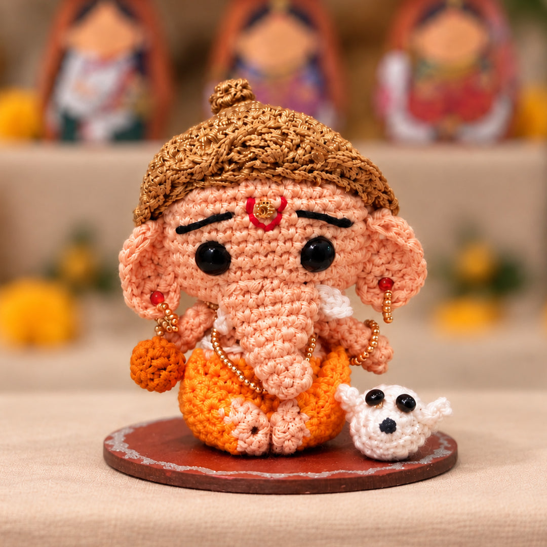 Handmade Crochet Ganesh Idol Cotton Golu Doll With Zari Mukut For Festive Decor