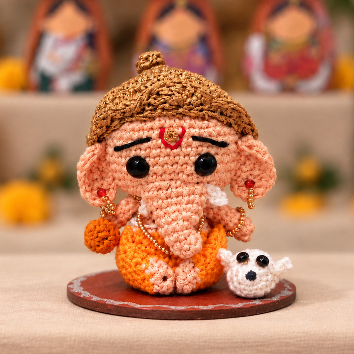 Handmade Crochet Ganesh Idol Cotton Golu Doll With Zari Mukut For Festive Decor