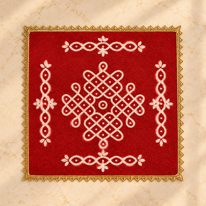 Kolam 10 Inch Reusable Hand-Painted Square Red Fabric Rangoli Mat for Festive Decor