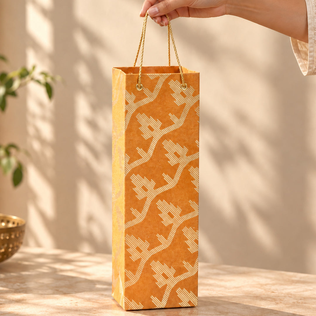 "Leheriya" Handmade Golden Screen Printed Bottle Paper Bag For Festive Gifting