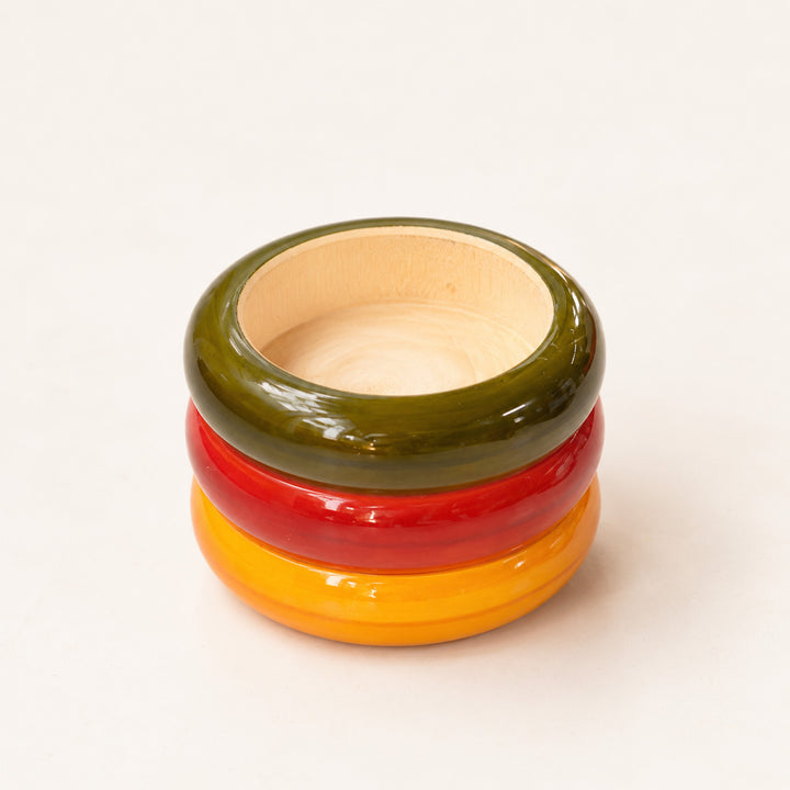 Set of 2 | "Three-Ringed" Etikoppaka Wooden Tealight Holders With Tealights For Festive Decor
