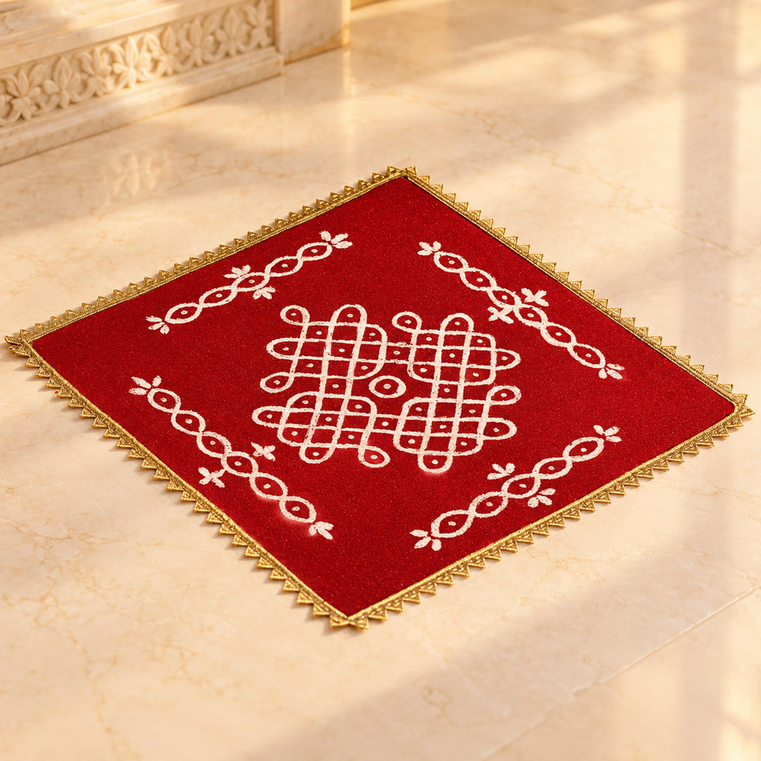 Kolam 10 Inch Reusable Hand-Painted Square Red Fabric Rangoli Mat for Festive Decor