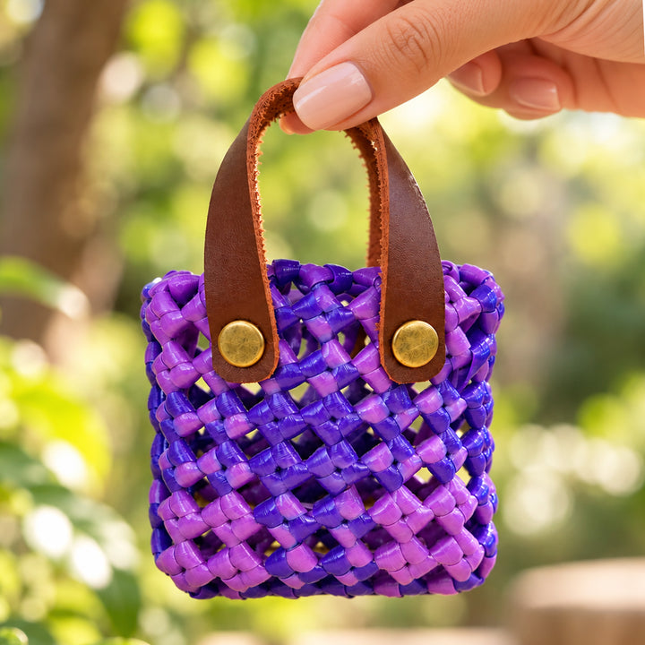 Handwoven Purple Mini Koodai Bag Charm/Festive Gift Pouch With Brown Handles