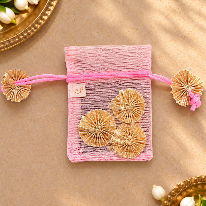 Hand-embellished Pink Floral Net Potli With Gotapatti Flowers For Festive Gifting