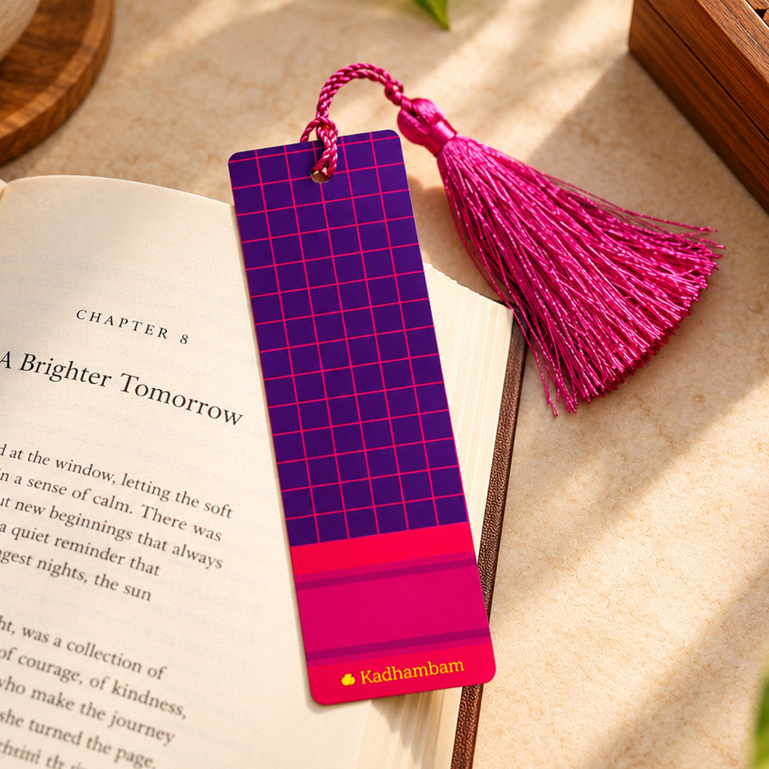 Purple Checked Kanchipuram Weaves Pattu-Inspired Metal Bookmark For Festive Gifting