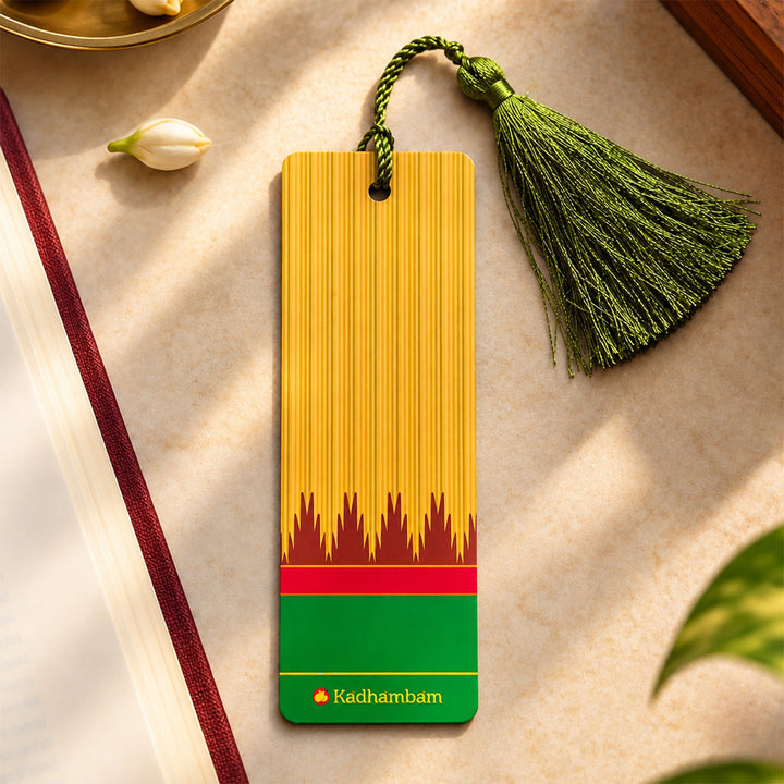 Yellow-Green Kanchipuram Weaves Pattu-Inspired Metal Bookmark For Festive Gifting