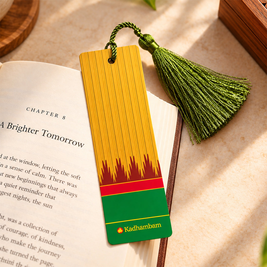 Yellow-Green Kanchipuram Weaves Pattu-Inspired Metal Bookmark For Festive Gifting