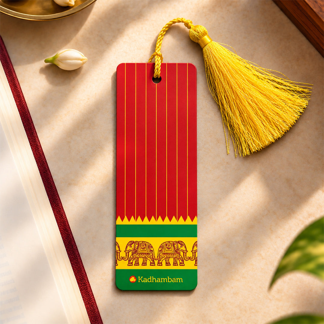 Red Striped Kanchipuram Weaves Pattu-Inspired Metal Bookmark For Festive Gifting