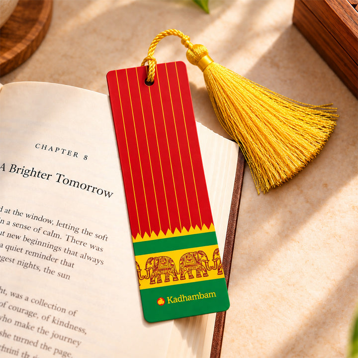 Red Striped Kanchipuram Weaves Pattu-Inspired Metal Bookmark For Festive Gifting