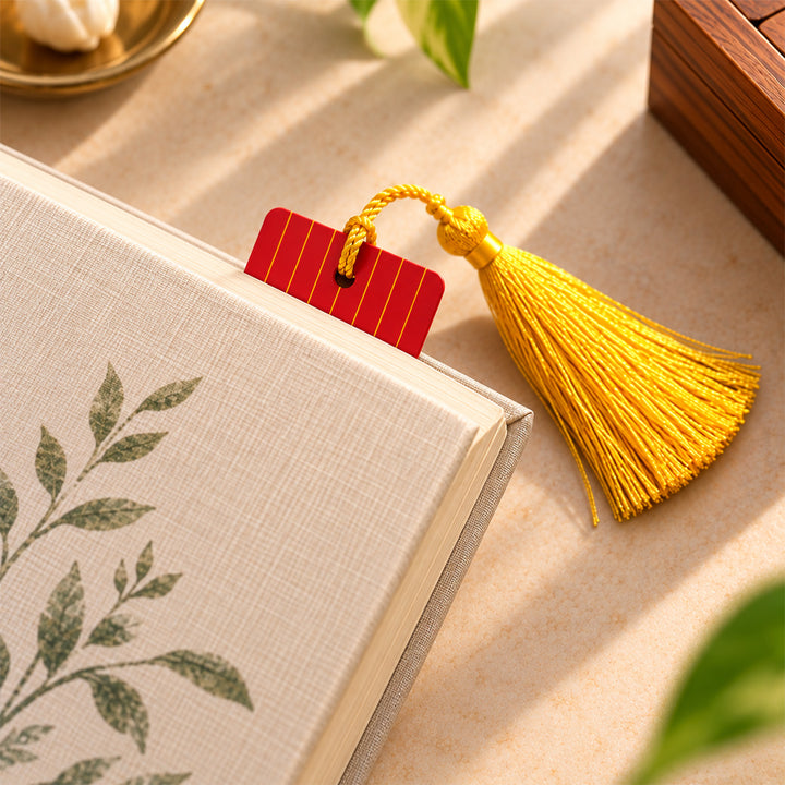 Red Striped Kanchipuram Weaves Pattu-Inspired Metal Bookmark For Festive Gifting