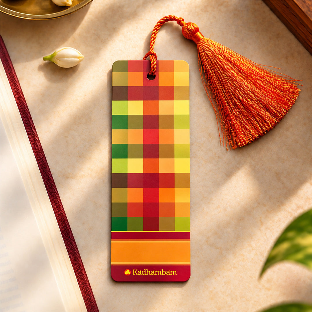 Saffron Checked Kanchipuram Weaves Pattu-Inspired Metal Bookmark For Festive Gifting