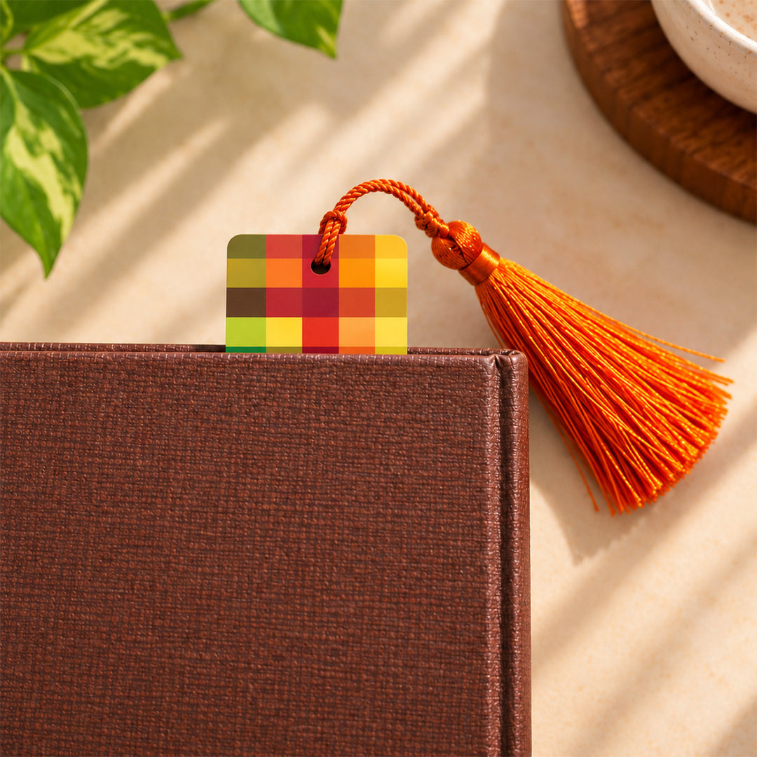 Saffron Checked Kanchipuram Weaves Pattu-Inspired Metal Bookmark For Festive Gifting