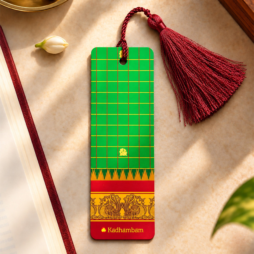 Green Checks Kanchipuram Weaves Pattu-Inspired Metal Bookmark For Festive Gifting