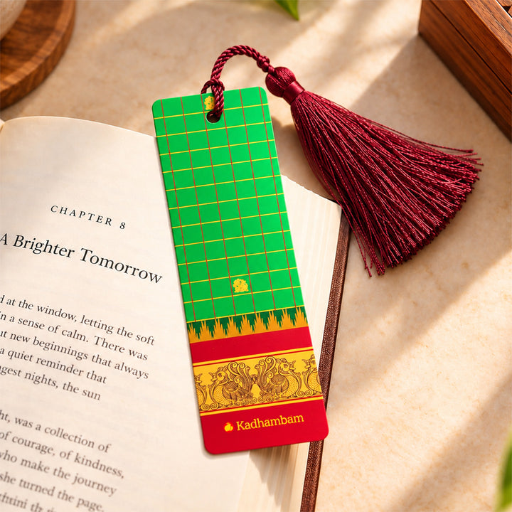 Green Checks Kanchipuram Weaves Pattu-Inspired Metal Bookmark For Festive Gifting
