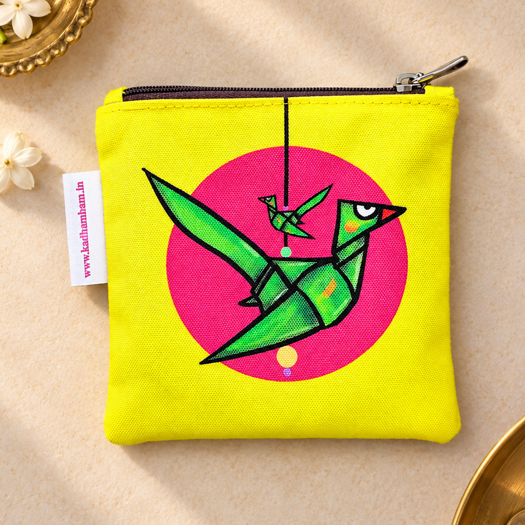 Kili Yellow And Pink Parrot Print Mini Coin Pouch With Zip For Festive Gifting