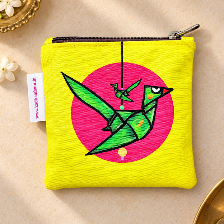 Kili Yellow And Pink Parrot Print Mini Coin Pouch With Zip For Festive Gifting