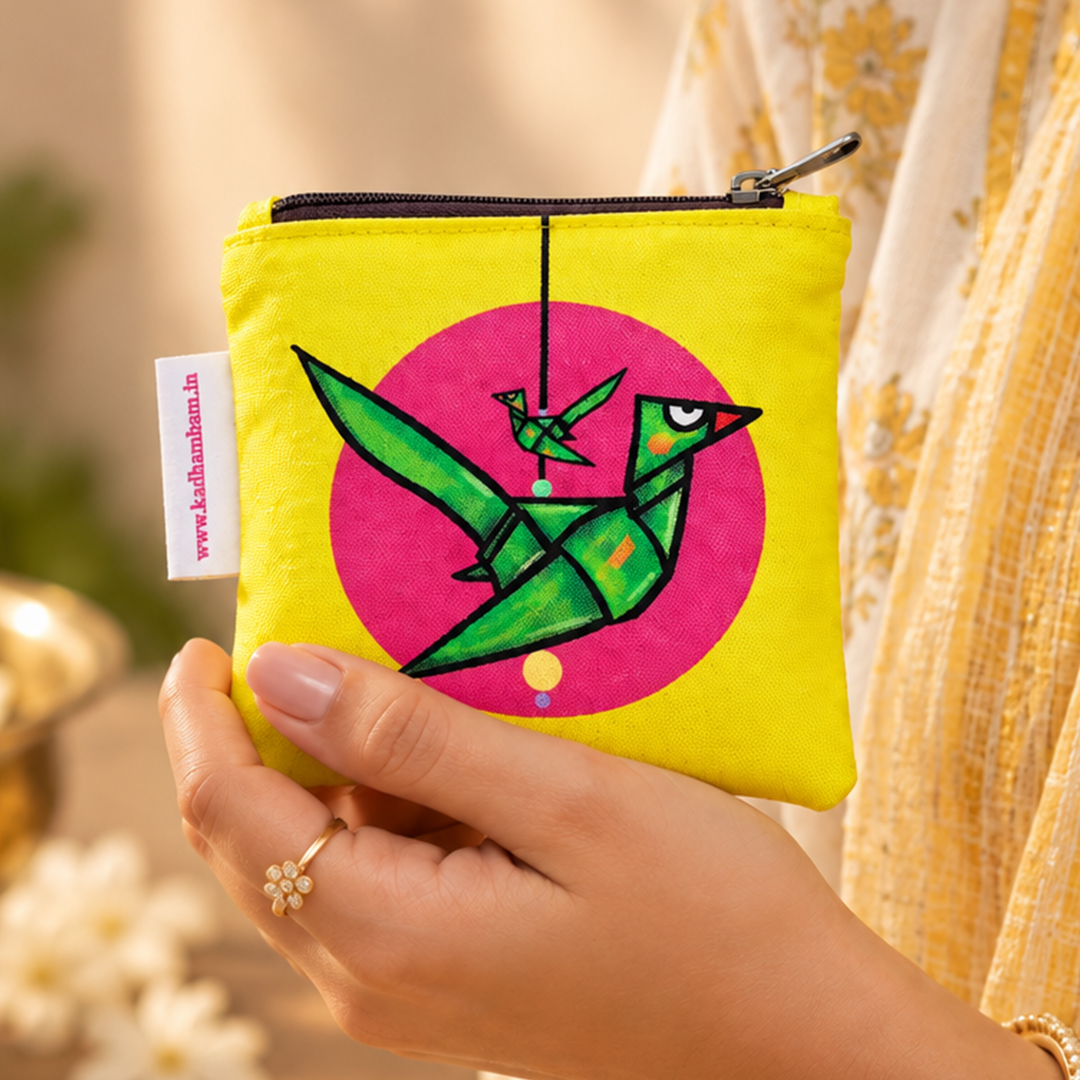 Kili Yellow And Pink Parrot Print Mini Coin Pouch With Zip For Festive Gifting