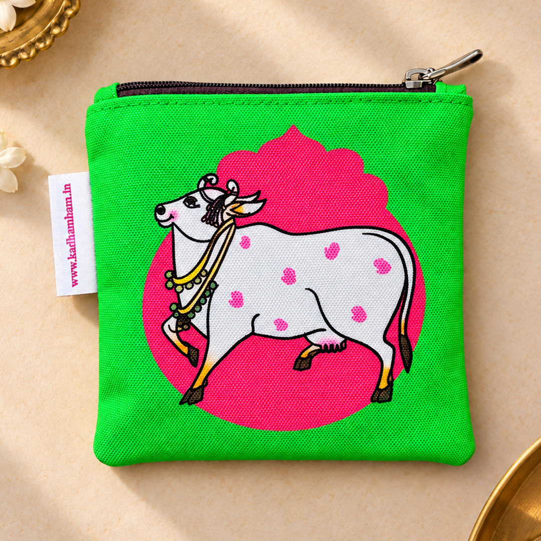 Pichwai Cow Green And Pink Printed Mini Coin Pouch With Zip For Festive Gifting