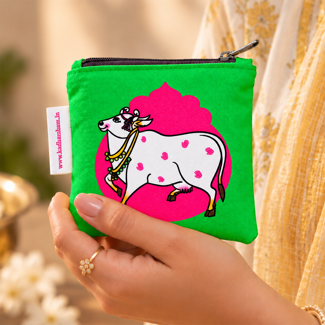 Pichwai Cow Green And Pink Printed Mini Coin Pouch With Zip For Festive Gifting