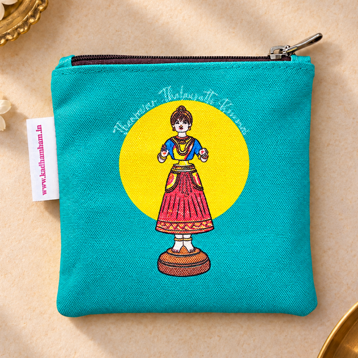 Thanjavur Thalayatti Bommai Turquoise And Yellow Printed Mini Coin Pouch With Zip For Festive Gifting