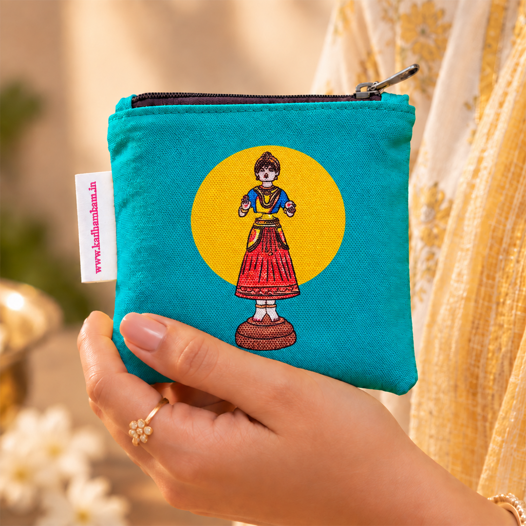 Thanjavur Thalayatti Bommai Turquoise And Yellow Printed Mini Coin Pouch With Zip For Festive Gifting