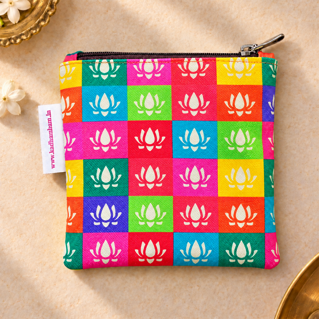 Padma Multicolour Lotus Motif Checked Mini Coin Pouch With Zip For Festive Gifting
