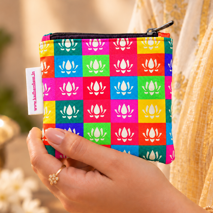 Padma Multicolour Lotus Motif Checked Mini Coin Pouch With Zip For Festive Gifting