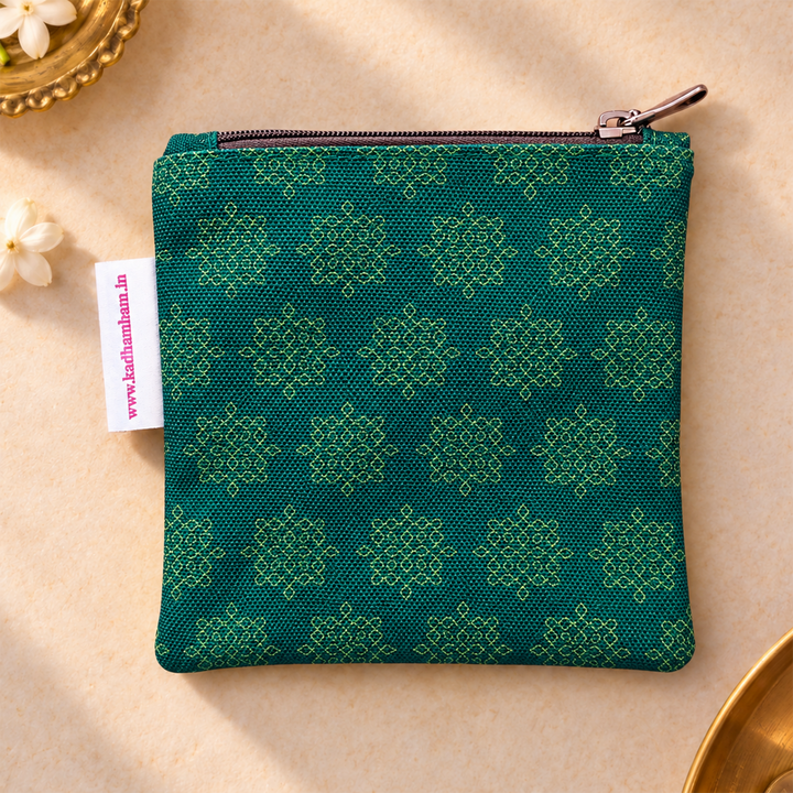 Green Kolam Dark Green Patterned Mini Coin Pouch With Zip For Festive Gifting