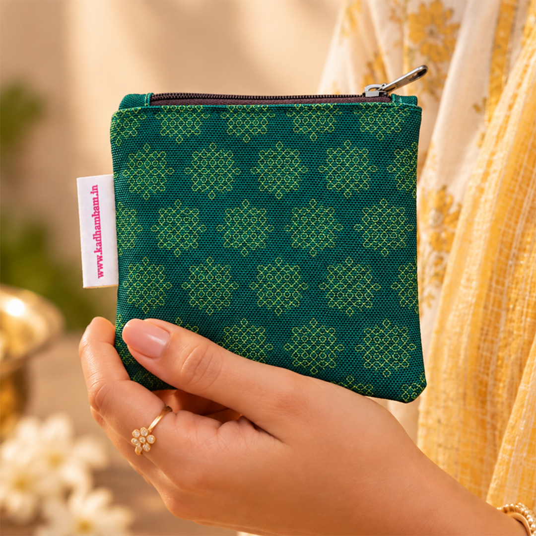 Green Kolam Dark Green Patterned Mini Coin Pouch With Zip For Festive Gifting