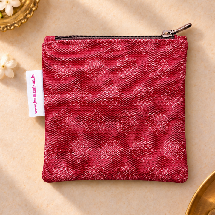 Kolam Maroon Patterned Mini Coin Pouch With Zip For Festive Gifting