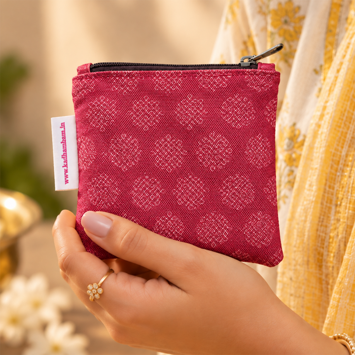 Kolam Maroon Patterned Mini Coin Pouch With Zip For Festive Gifting