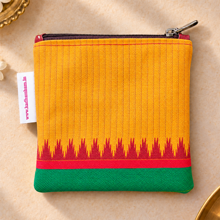 Yellow And Green Kanchipuram Weaves Pattu Collection Mini Coin Pouch With Temple Border For Festive Gifting