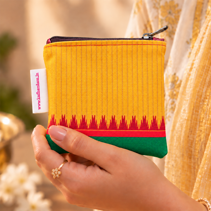 Yellow And Green Kanchipuram Weaves Pattu Collection Mini Coin Pouch With Temple Border For Festive Gifting