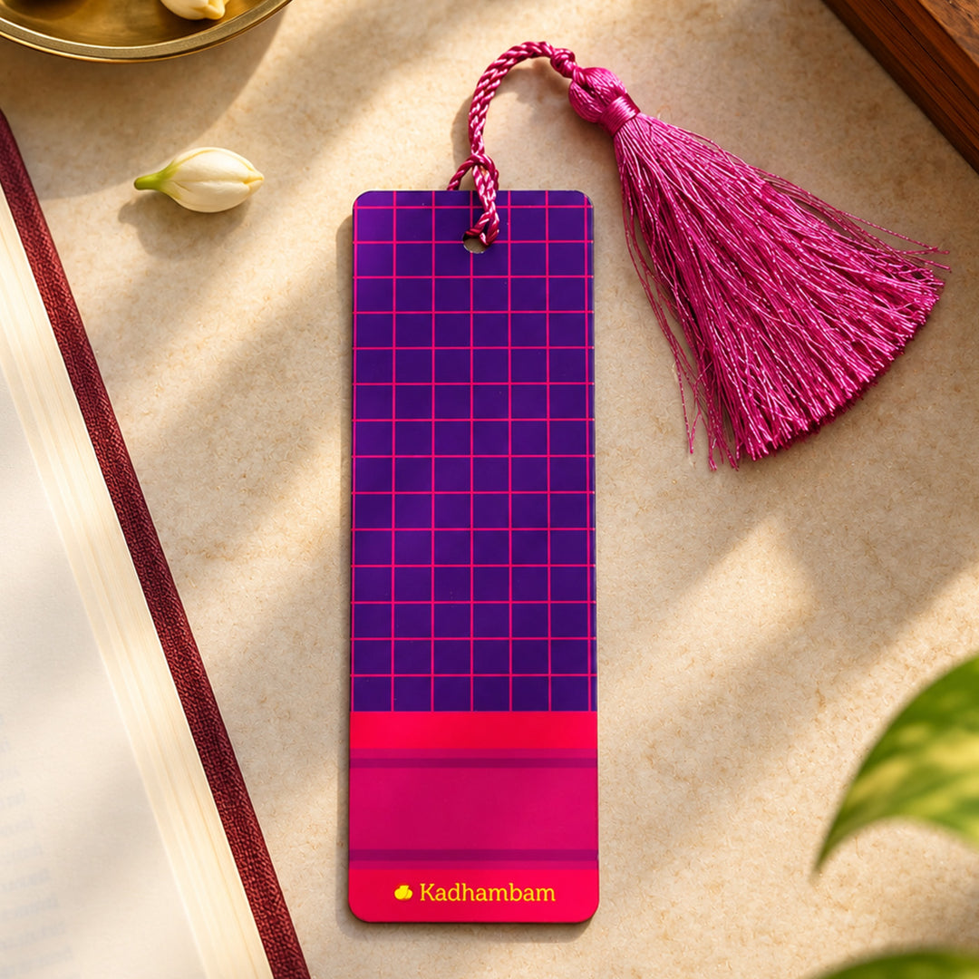 Purple Checked Kanchipuram Weaves Pattu-Inspired Metal Bookmark For Festive Gifting