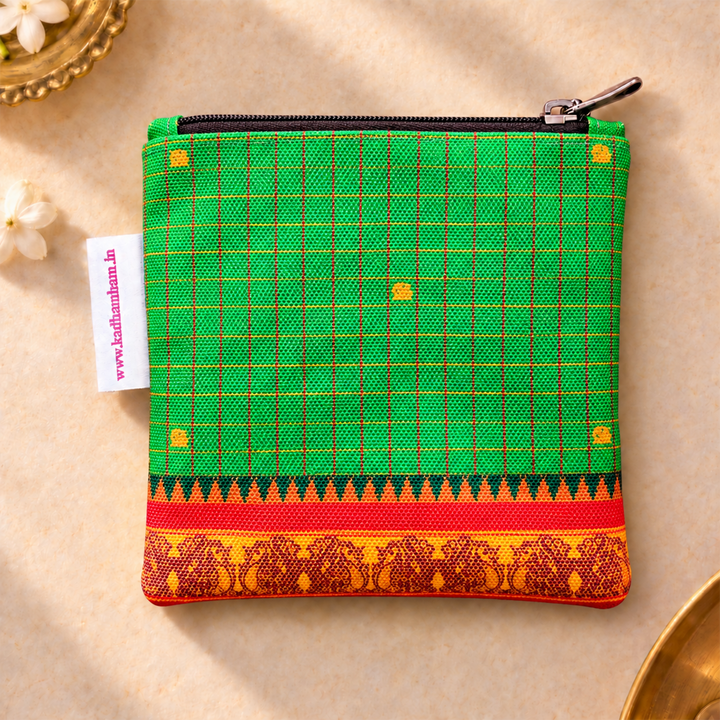 Green Checked Kanchipuram Weaves Pattu Collection Mini Coin Pouch With Contrast Border For Festive Gifting