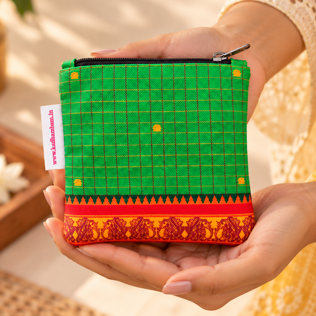 Green Checked Kanchipuram Weaves Pattu Collection Mini Coin Pouch With Contrast Border For Festive Gifting