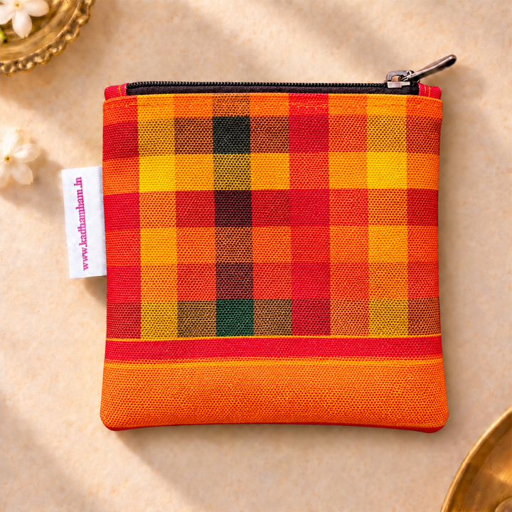 Paalum Palamum Orange Checked Kanchipuram Weaves Pattu Collection Mini Coin Pouch With Zip For Festive Gifting