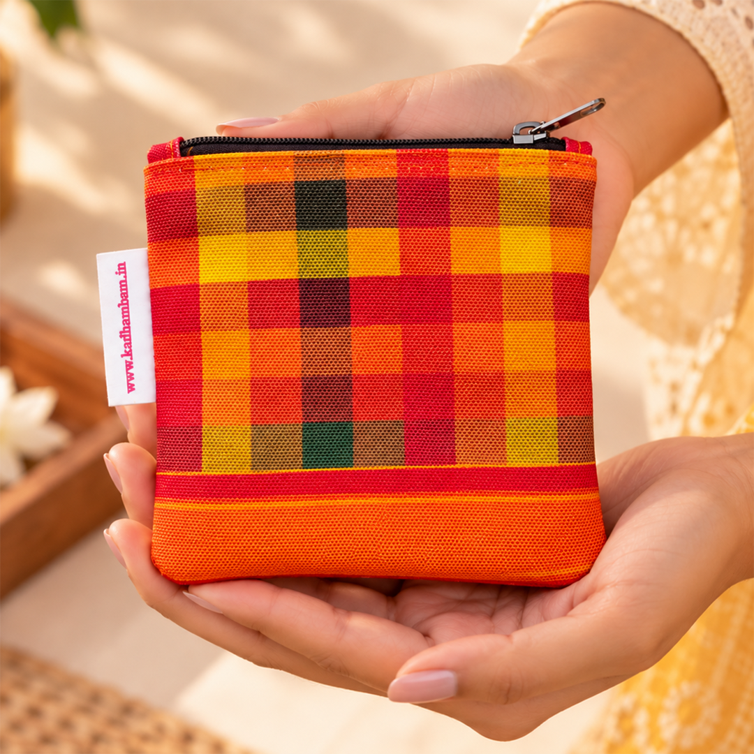 Paalum Palamum Orange Checked Kanchipuram Weaves Pattu Collection Mini Coin Pouch With Zip For Festive Gifting