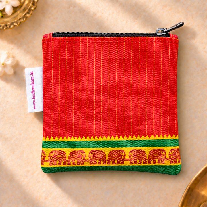 Red Kanchipuram Weaves Pattu Collection Mini Coin Pouch With Contrast Border For Festive Gifting
