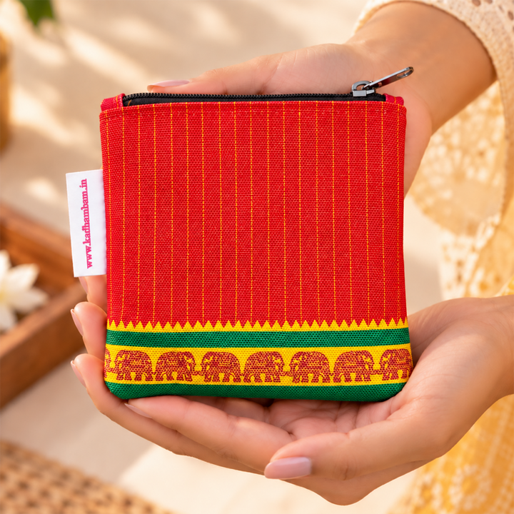 Red Kanchipuram Weaves Pattu Collection Mini Coin Pouch With Contrast Border For Festive Gifting