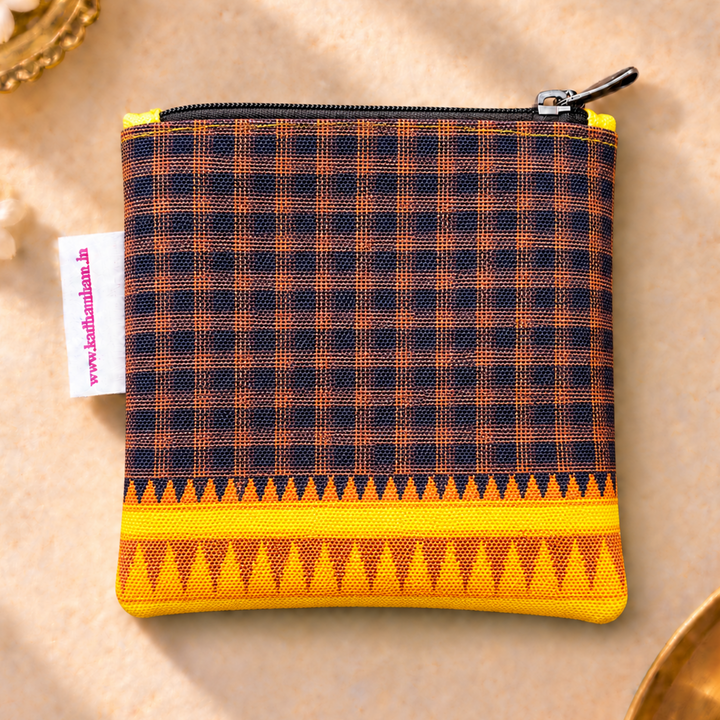 Yellow And Black Checked Kanchipuram Weaves Pattu Collection Mini Coin Pouch With Contrast Border For Festive Gifting