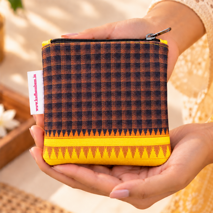 Yellow And Black Checked Kanchipuram Weaves Pattu Collection Mini Coin Pouch With Contrast Border For Festive Gifting