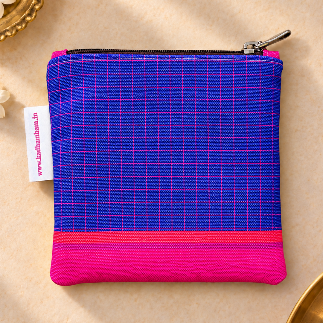 Violet Kanchipuram Weaves Pattu Collection Mini Coin Pouch With Pink Border For Festive Gifting