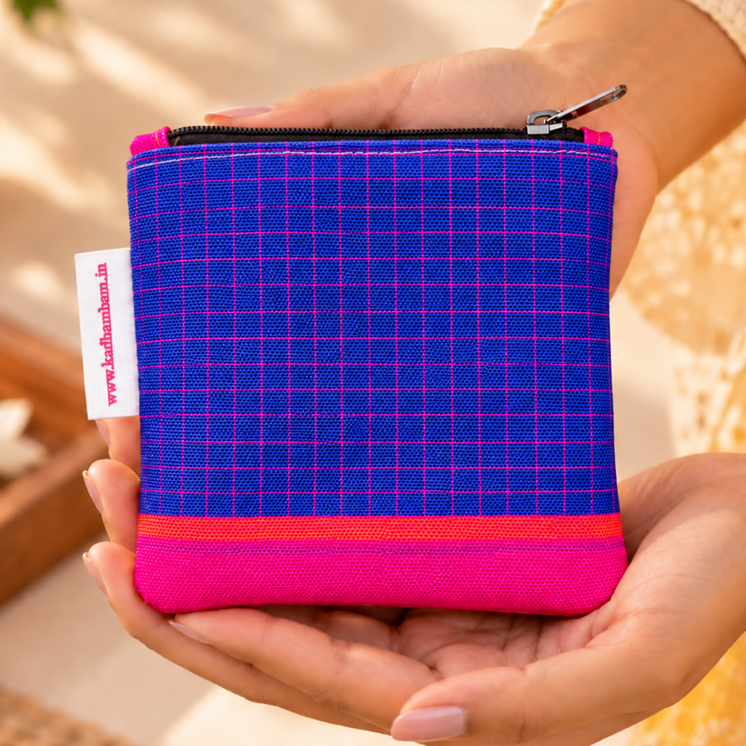Violet Kanchipuram Weaves Pattu Collection Mini Coin Pouch With Pink Border For Festive Gifting
