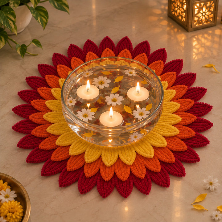 12 Inch | Handmade Reusable Layered Petal Flower Pipe Cleaner & MDF Rangoli With 3 Tealights for Diwali Decor