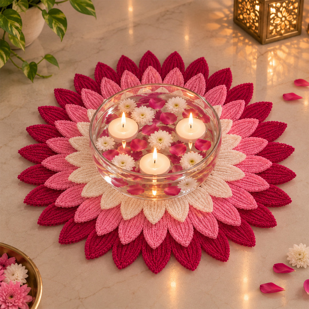 12 Inch | Handmade Reusable Layered Petal Flower Pipe Cleaner & MDF Rangoli With 3 Tealights for Diwali Decor
